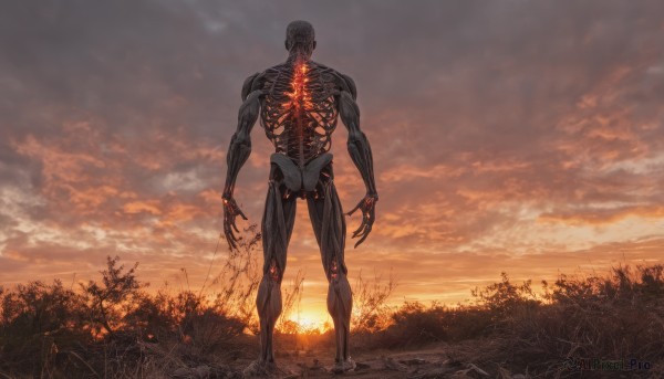 solo,1boy,standing,male focus,outdoors,sky,cloud,tree,no humans,muscular,cloudy sky,grass,plant,robot,scenery,claws,science fiction,sunset,monster,sun,alien,spine,full body,from behind,nature