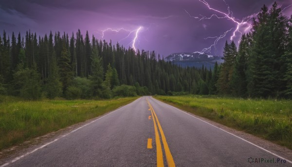 outdoors,sky,cloud,tree,no humans,cloudy sky,grass,nature,scenery,forest,mountain,fence,electricity,road,bush,lightning,landscape,path,purple sky