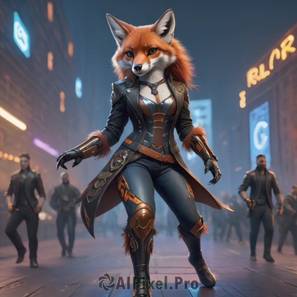 1girl,long hair,breasts,looking at viewer,gloves,animal ears,cleavage,jewelry,medium breasts,standing,jacket,tail,full body,boots,outdoors,multiple boys,open clothes,solo focus,belt,pants,artist name,necklace,black footwear,orange hair,armor,blurry,open jacket,coat,black jacket,hand on hip,fox ears,night,depth of field,blurry background,fox tail,gauntlets,furry,pendant,walking,science fiction,city,furry female,knee pads,mechanical arms,leather,police,cyborg,single mechanical arm,cyberpunk,orange fur,blue eyes,fur trim,brown jacket