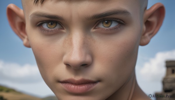 solo,looking at viewer,short hair,1boy,brown eyes,closed mouth,male focus,outdoors,sky,day,cloud,blurry,blue sky,lips,depth of field,blurry background,portrait,close-up,realistic,nose,very short hair,eye focus,smile,yellow eyes,pointy ears