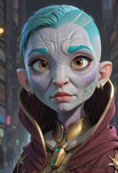 1girl,solo,looking at viewer,short hair,brown eyes,jewelry,blue hair,yellow eyes,earrings,parted lips,pointy ears,artist name,hood,blurry,lips,orange eyes,eyelashes,aqua hair,blurry background,portrait,scales,alien,cyberpunk,colored skin,nose,red cape