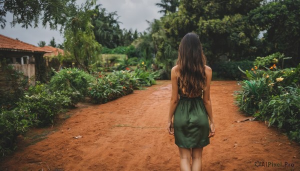 1girl,solo,long hair,skirt,brown hair,black hair,bare shoulders,standing,flower,outdoors,sky,sleeveless,day,cloud,signature,from behind,tree,bare arms,back,grass,plant,green skirt,building,nature,scenery,arms at sides,facing away,road,bush,house,path,garden,shirt,bag,blue sky,sleeveless shirt,feet out of frame,handbag