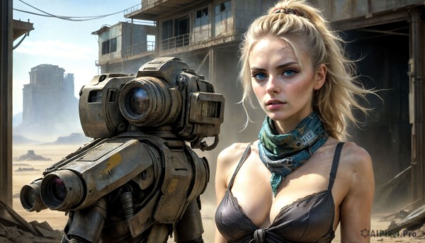 HQ,1girl,solo,long hair,breasts,looking at viewer,blue eyes,blonde hair,cleavage,bare shoulders,jewelry,medium breasts,underwear,swimsuit,upper body,ponytail,bikini,outdoors,parted lips,sky,day,scarf,bra,lips,gun,robot,black bra,building,between breasts,front-tie top,mecha,science fiction,realistic,nose,ruins,dirty,dirty face,non-humanoid robot,large breasts,weapon,teeth,window,scar,scrunchie,high ponytail,messy hair,hair scrunchie,machinery,freckles,hair pulled back,power armor,power suit