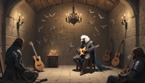 short hair,brown hair,black hair,gloves,holding,sitting,weapon,flower,white hair,male focus,boots,multiple boys,pants,sword,indoors,hood,2boys,fingerless gloves,cape,armor,mask,facial hair,bird,animal,chair,brown footwear,knee boots,fire,shoulder armor,gauntlets,instrument,beard,brown gloves,pauldrons,music,guitar,vambraces,tiles,candle,singing,brick wall,playing instrument,holding instrument,torn cape,candlestand,lute (instrument),acoustic guitar,long hair,black gloves,dark skin,fur trim,black pants,crossed legs,3boys,feathers,breastplate,indian style,greaves,blue cape