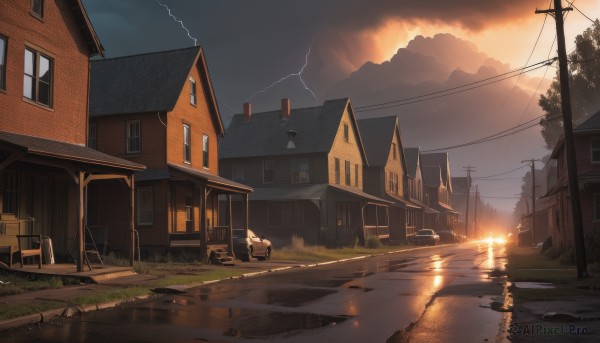 outdoors,sky,cloud,water,tree,no humans,window,cloudy sky,grass,ground vehicle,building,scenery,motor vehicle,reflection,sunset,mountain,fence,car,road,house,power lines,lamppost,street,river,utility pole,evening,lightning,puddle,broken window,sunlight