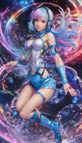 1girl,solo,long hair,breasts,looking at viewer,smile,bangs,blue eyes,cleavage,bare shoulders,jewelry,medium breasts,closed mouth,blue hair,full body,pink hair,multicolored hair,boots,shorts,artist name,nail polish,two-tone hair,lips,wrist cuffs,short shorts,clothing cutout,covered navel,gradient hair,thigh strap,floating hair,headphones,watermark,cleavage cutout,knee boots,wristband,armlet,floating,headset,blue shorts,blue footwear,pink lips,space,planet,purple hair,water,ring,gem,side cutout