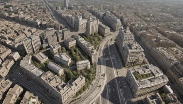 outdoors,tree,dutch angle,no humans,from above,building,scenery,city,cityscape,bridge,river,skyscraper,sky,water,road,watercraft,tower,landscape