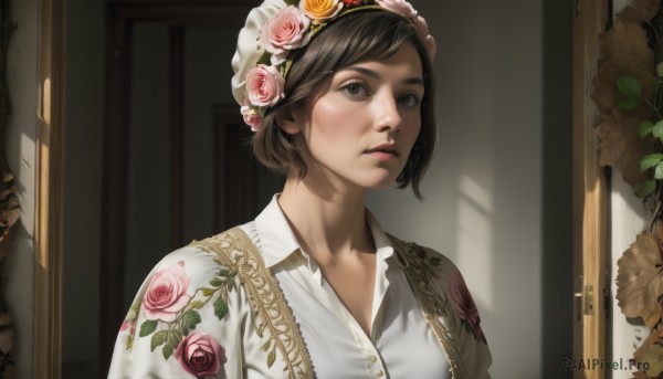 1girl,solo,looking at viewer,short hair,bangs,brown hair,shirt,black hair,hair ornament,brown eyes,white shirt,upper body,flower,parted lips,collared shirt,indoors,hair flower,lips,rose,leaf,floral print,plant,freckles,realistic,nose,door,pink rose,black eyes,shadow,pink flower