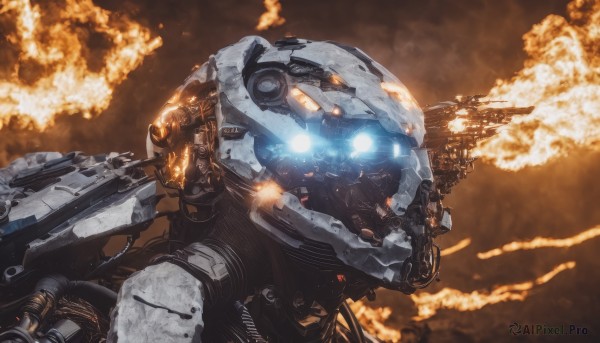 solo,blue eyes,weapon,gun,military,no humans,glowing,fire,robot,mecha,glowing eyes,smoke,science fiction,realistic,explosion,damaged,firing,dust,helmet,1other,machinery,military vehicle,power armor,lights,cockpit