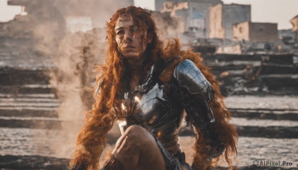 1girl,solo,long hair,blue eyes,brown hair,sitting,outdoors,orange hair,armor,blurry,lips,blurry background,scar,shoulder armor,science fiction,breastplate,stairs,realistic,looking at viewer,closed mouth,necklace,building,genderswap (mtf),curly hair,dirty