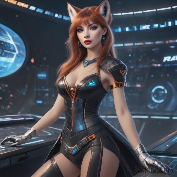 1girl,solo,long hair,breasts,looking at viewer,bangs,brown hair,thighhighs,gloves,animal ears,cleavage,brown eyes,jewelry,medium breasts,standing,cowboy shot,earrings,belt,black thighhighs,cat ears,necklace,armor,leotard,lips,fox ears,makeup,lipstick,gauntlets,black leotard,science fiction,red lips,large breasts,shorts,artist name,orange hair,short shorts,arm support,black shorts,fox girl,shoulder armor,pauldrons,realistic