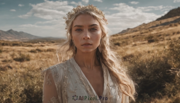 1girl,solo,long hair,looking at viewer,blue eyes,blonde hair,hair ornament,dress,upper body,flower,outdoors,parted lips,sky,day,cloud,white dress,blurry,blue sky,lips,depth of field,blurry background,wavy hair,cloudy sky,mountain,realistic,nose,head wreath,field,flower field,collarbone,sunlight