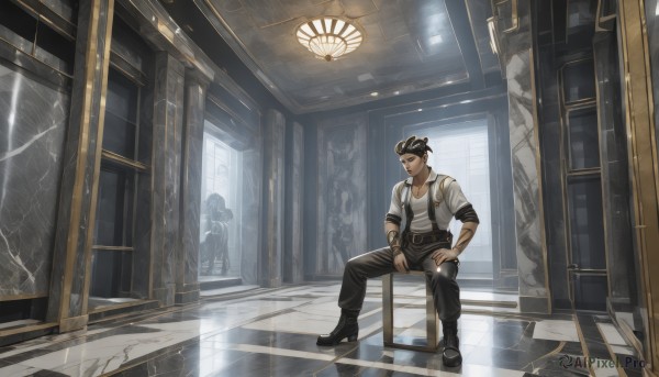 solo,short hair,brown hair,shirt,black hair,1boy,sitting,closed mouth,white shirt,male focus,boots,shoes,belt,pants,indoors,black footwear,window,tattoo,facial hair,chair,black pants,suspenders,goggles,sleeves rolled up,reflection,goggles on head,light rays,tiles,tile floor,wide shot,ceiling,broken glass,reflective floor,broken window,looking at viewer,necktie,collared shirt,hair bun,black eyes