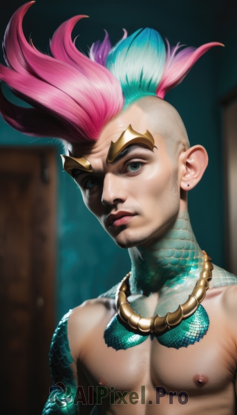 solo,looking at viewer,short hair,1boy,jewelry,closed mouth,nipples,green eyes,blue hair,upper body,pink hair,male focus,multicolored hair,earrings,shiny,artist name,necklace,blurry,two-tone hair,lips,makeup,muscular,blurry background,facial hair,piercing,pectorals,muscular male,beard,topless male,realistic,nose,scales,very short hair,undercut,mohawk,bangs,blue eyes,collarbone,shiny hair,tattoo,abs,portrait