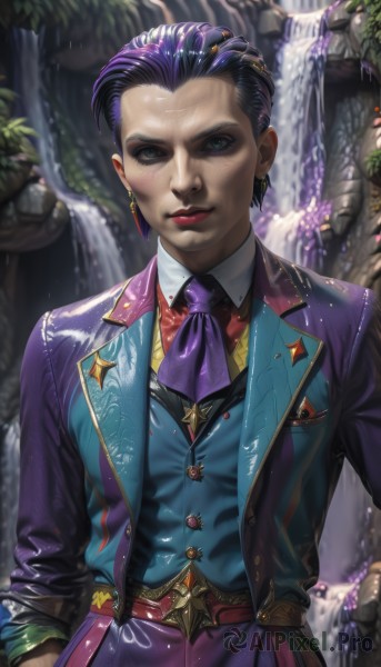 1girl,solo,breasts,looking at viewer,smile,short hair,bangs,blue eyes,shirt,black hair,long sleeves,jewelry,closed mouth,standing,jacket,white shirt,upper body,purple hair,multicolored hair,cowboy shot,earrings,parted lips,open clothes,necktie,teeth,shiny,collared shirt,belt,pants,artist name,signature,dark skin,water,blurry,vest,two-tone hair,open jacket,lips,ascot,makeup,buttons,blurry background,formal,suit,lipstick,blue jacket,buckle,eyeshadow,hand in pocket,realistic,nose,hands in pockets,red vest,red lips,brown belt,hair slicked back,hair pulled back,waterfall,purple necktie,purple ascot,green eyes,very short hair,purple vest