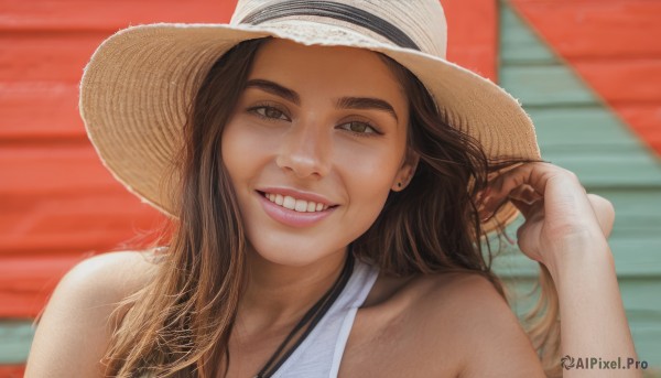 1girl,solo,long hair,looking at viewer,smile,brown hair,hat,bare shoulders,brown eyes,jewelry,upper body,earrings,outdoors,teeth,day,hand up,grin,blurry,lips,blurry background,halterneck,portrait,freckles,sun hat,realistic,nose,straw hat,stud earrings,open mouth,swimsuit,:d,bikini,white bikini,thick eyebrows,close-up