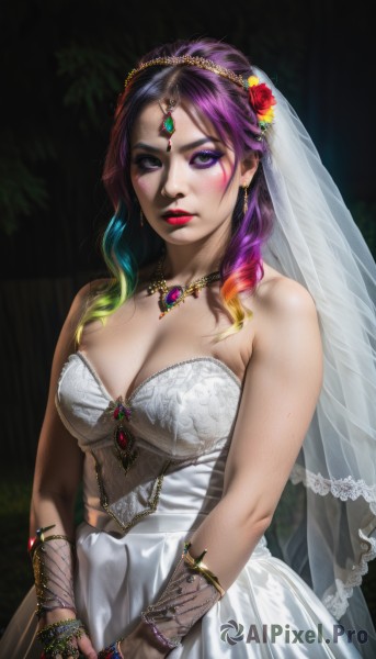 1girl,solo,long hair,breasts,looking at viewer,large breasts,hair ornament,gloves,dress,cleavage,bare shoulders,jewelry,medium breasts,closed mouth,blue hair,purple eyes,upper body,purple hair,flower,multicolored hair,cowboy shot,earrings,outdoors,green hair,artist name,hair flower,necklace,nail polish,white dress,mole,blurry,bracelet,two-tone hair,lips,fingernails,eyelashes,strapless,gradient hair,makeup,blurry background,rose,watermark,facial mark,ring,tiara,lipstick,red flower,gem,veil,bridal gauntlets,strapless dress,web address,eyeshadow,red rose,wedding dress,realistic,nose,red lips,eyeliner,bridal veil,facepaint,forehead jewel,bride,mascara,green gemstone,rainbow hair,blush