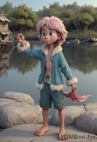 solo,short hair,long sleeves,1boy,navel,holding,brown eyes,closed mouth,standing,jacket,full body,pink hair,male focus,outdoors,open clothes,shorts,barefoot,day,water,open jacket,tree,fur trim,toes,thick eyebrows,blue jacket,child,rock,male child,river,stream,1girl,blush,solo focus,dark skin,feet,looking away,dark-skinned male,messy hair,clenched hand,androgynous,1other,coin,tomboy