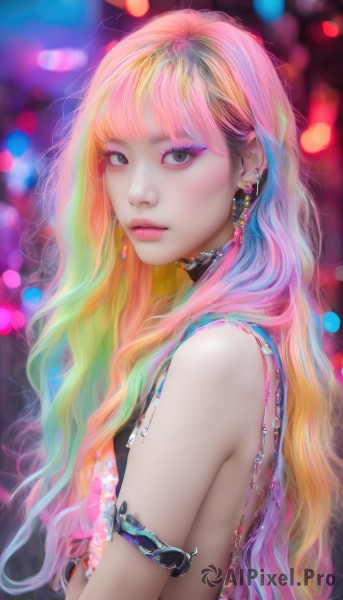 1girl,solo,long hair,breasts,looking at viewer,bangs,blonde hair,bare shoulders,jewelry,closed mouth,upper body,pink hair,multicolored hair,earrings,small breasts,sleeveless,choker,blunt bangs,bra,blurry,black eyes,from side,lips,grey eyes,eyelashes,gradient hair,makeup,depth of field,blurry background,wavy hair,armlet,eyeshadow,pink lips,realistic,nose,eyeliner,colorful,mascara,rainbow hair,artist name,orange hair,expressionless,piercing,lipstick,gem,ear piercing,arm garter,bokeh,lace choker