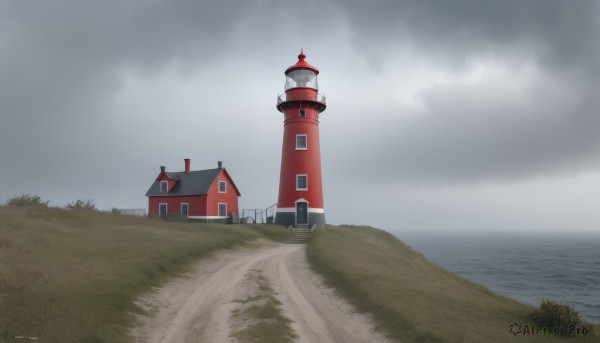 outdoors,sky,day,artist name,cloud,signature,water,tree,no humans,window,ocean,cloudy sky,grass,building,scenery,horizon,road,house,tower,grey sky,path,scarlet devil mansion,bush,landscape,fog,overcast,lighthouse