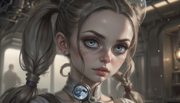 1girl,solo,long hair,looking at viewer,blue eyes,blonde hair,brown hair,twintails,jewelry,braid,earrings,parted lips,solo focus,choker,indoors,blurry,twin braids,collar,lips,eyelashes,depth of field,blurry background,portrait,light particles,forehead,freckles,realistic,nose,steampunk,bangs,collarbone,teeth,makeup,detached collar,hair tie