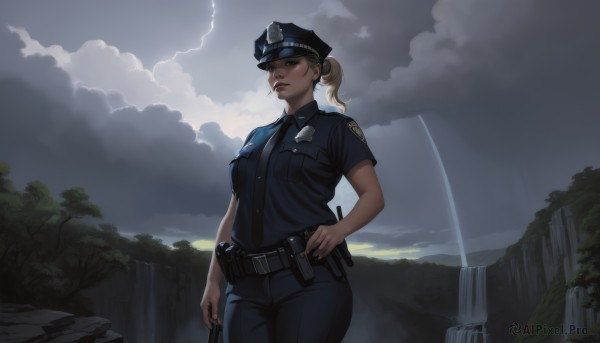 1girl,solo,breasts,looking at viewer,blonde hair,shirt,hat,holding,brown eyes,medium breasts,closed mouth,standing,ponytail,weapon,short sleeves,cowboy shot,outdoors,necktie,sky,collared shirt,belt,pants,cloud,water,uniform,tree,lips,hand on hip,gun,black headwear,mouth hold,black pants,cloudy sky,blue shirt,scenery,handgun,smoke,pocket,black belt,pouch,cigarette,nose,smoking,breast pocket,holster,police,police uniform,waterfall,policewoman,police hat,cliff,walkie-talkie,brown hair,realistic