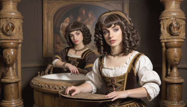 1girl,solo,looking at viewer,smile,short hair,bangs,brown hair,shirt,black hair,long sleeves,dress,brown eyes,jewelry,white shirt,upper body,hairband,frills,puffy sleeves,indoors,blunt bangs,necklace,bracelet,lips,drill hair,corset,reflection,curly hair,mirror,realistic,table,knife,fine art parody,portrait (object)