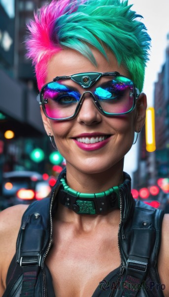 1girl,solo,breasts,looking at viewer,smile,short hair,cleavage,bare shoulders,jewelry,medium breasts,blue hair,collarbone,upper body,pink hair,multicolored hair,earrings,outdoors,one eye closed,green hair,glasses,teeth,sleeveless,choker,grin,blurry,vest,collar,two-tone hair,lips,eyelashes,aqua hair,makeup,depth of field,blurry background,watermark,piercing,sunglasses,sharp teeth,lipstick,goggles,ear piercing,portrait,web address,eyeshadow,realistic,nose,stud earrings,eyeliner,very short hair,leather,undercut,tinted eyewear,open vest,purple lips,mascara,mohawk,cyberpunk,blue eyes,parted lips,artist name,signature,zipper,freckles,asymmetrical hair,black vest,unzipped