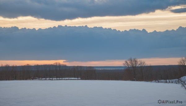 outdoors,sky,day,cloud,water,tree,blue sky,no humans,cloudy sky,nature,scenery,snow,forest,reflection,sunset,mountain,horizon,winter,bare tree,landscape,mountainous horizon,lake,gradient sky,sunrise,grass