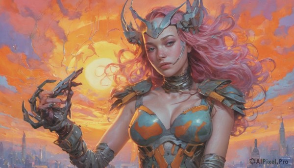 1girl,solo,long hair,breasts,looking at viewer,blue eyes,large breasts,gloves,cleavage,medium breasts,closed mouth,upper body,pink hair,red hair,outdoors,sky,choker,cloud,fingerless gloves,armor,lips,fingernails,mask,floating hair,headgear,cloudy sky,shoulder armor,gauntlets,building,pauldrons,sunset,realistic,sun,mask removed,orange sky,green eyes,collarbone,science fiction,fantasy,cityscape