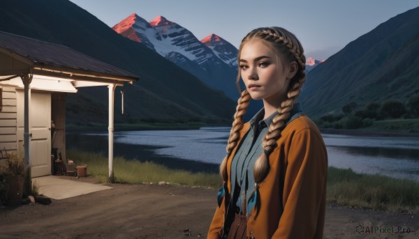 1girl,solo,long hair,looking at viewer,brown hair,shirt,brown eyes,closed mouth,jacket,upper body,braid,outdoors,open clothes,necktie,day,collared shirt,water,twin braids,open jacket,lips,grass,blue shirt,scenery,hair over shoulder,freckles,mountain,realistic,nose,road,house,mountainous horizon,blonde hair,flower,sky,sunlight,thick eyebrows,suspenders,plant,landscape