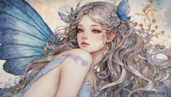 1girl,solo,long hair,looking at viewer,blue eyes,hair ornament,dress,bare shoulders,jewelry,upper body,flower,grey hair,earrings,parted lips,wings,pointy ears,hair flower,lips,grey eyes,wavy hair,bug,butterfly,freckles,fairy wings,butterfly hair ornament,red lips,fairy,butterfly wings,blue wings,bangs,parted bangs,knee up,realistic,nose