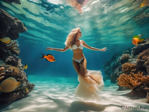 1girl,solo,long hair,brown hair,hat,navel,swimsuit,closed eyes,bikini,dark skin,water,dark-skinned female,see-through,shadow,ocean,white bikini,beach,sunlight,outstretched arms,fish,bubble,rock,underwater,sarong,air bubble,swimming,jellyfish,turtle,freediving,blonde hair,barefoot,coral,diving