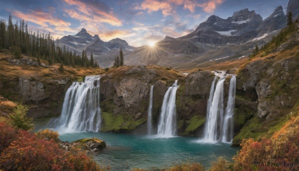 A waterfall captured beautifully in a dynamic sunset outdoors