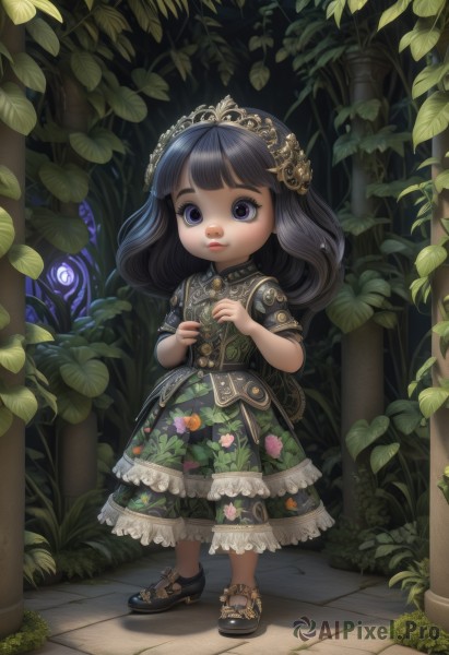 1girl,solo,long hair,looking at viewer,bangs,blue eyes,black hair,hair ornament,dress,holding,closed mouth,standing,purple eyes,full body,flower,short sleeves,hairband,outdoors,frills,shoes,blunt bangs,black footwear,black eyes,tree,lips,night,leaf,floral print,tiara,plant,child,nature,forest,lolita fashion,fantasy,headdress,female child,vines,pavement,stone floor,watermark