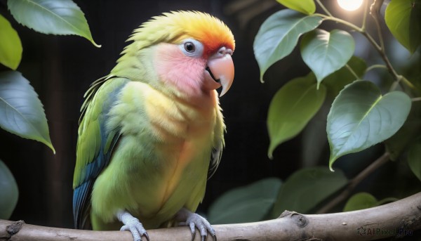 HQ,solo,outdoors,blurry,black eyes,no humans,night,bird,animal,leaf,plant,realistic,branch,animal focus,talons,beak,parrot,looking at viewer,brown eyes,closed mouth,standing,feathers,nature