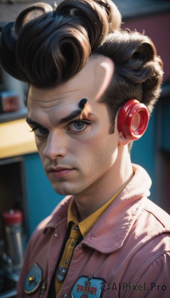 solo,looking at viewer,short hair,blue eyes,brown hair,shirt,black hair,1boy,closed mouth,jacket,upper body,male focus,collared shirt,artist name,indoors,blurry,lips,buttons,blurry background,headphones,thick eyebrows,portrait,freckles,curly hair,yellow shirt,realistic,nose,badge,button badge,afro,mole,eyelashes,makeup,depth of field,watermark,web address,zipper,serious,pink jacket,pompadour