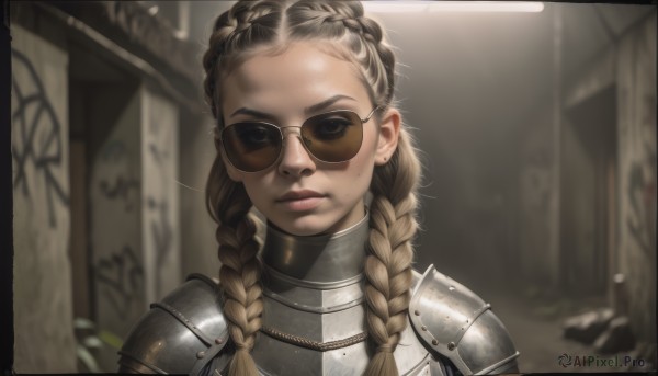 1girl,solo,long hair,looking at viewer,blonde hair,brown hair,jewelry,closed mouth,upper body,braid,earrings,armor,blurry,twin braids,lips,blurry background,piercing,sunglasses,shoulder armor,portrait,hair over shoulder,pauldrons,breastplate,realistic,nose,round eyewear,stud earrings,chainmail,brown eyes,indoors,thick eyebrows,forehead,shoulder pads,dirty