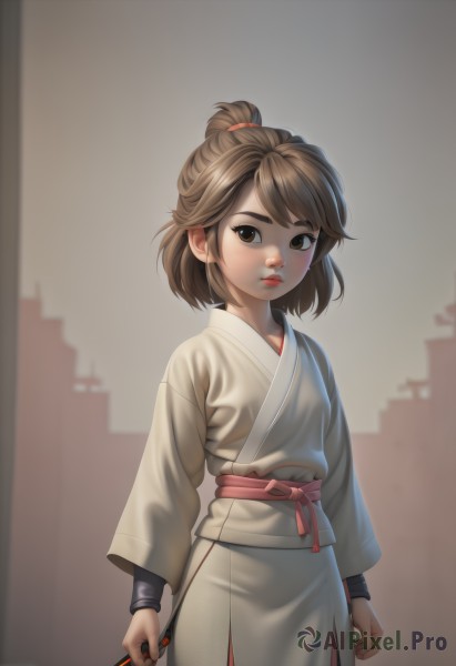 1girl,solo,looking at viewer,short hair,bangs,brown hair,long sleeves,holding,brown eyes,closed mouth,standing,ponytail,weapon,cowboy shot,outdoors,japanese clothes,kimono,lips,sash,aged down,child,nose,arms at sides,female child,dougi,sword,artist name,watermark,thick eyebrows,hand fan,realistic