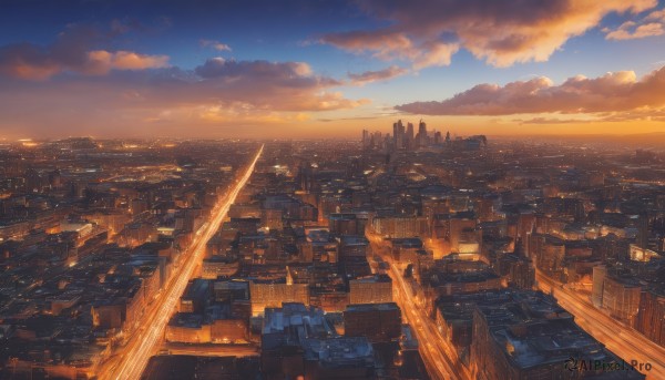 outdoors,sky,cloud,dutch angle,no humans,ocean,sunlight,cloudy sky,building,scenery,sunset,city,horizon,cityscape,skyscraper,evening,rooftop,city lights,signature,blue sky,road,landscape