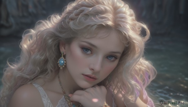 1girl,solo,long hair,looking at viewer,blue eyes,blonde hair,dress,bare shoulders,jewelry,earrings,parted lips,water,necklace,blurry,bracelet,lips,eyelashes,depth of field,blurry background,wavy hair,gem,portrait,curly hair,realistic,nose,brown hair,hand on own chin