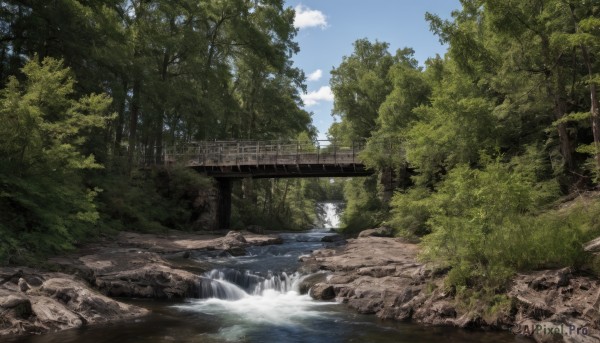 outdoors,sky,day,cloud,water,tree,blue sky,no humans,nature,scenery,forest,rock,torii,bridge,river,waterfall,landscape,grass,architecture,stream