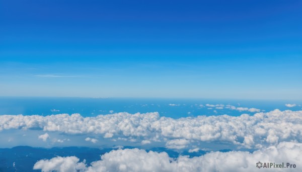 monochrome,outdoors,sky,day,cloud,blue sky,no humans,bird,ocean,cloudy sky,scenery,blue theme,horizon,landscape,above clouds,water,flock