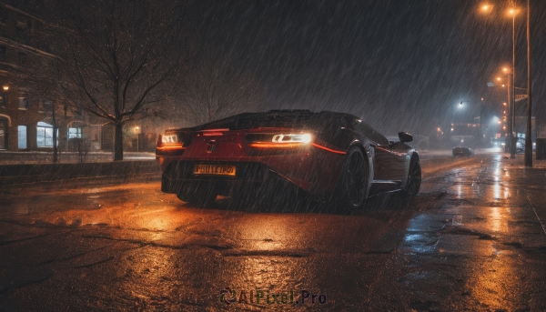 outdoors,sky,tree,no humans,night,ground vehicle,building,night sky,scenery,motor vehicle,reflection,rain,city,car,light,road,vehicle focus,lamppost,bare tree,street,puddle,lights,sports car,water,wet,window,pavement