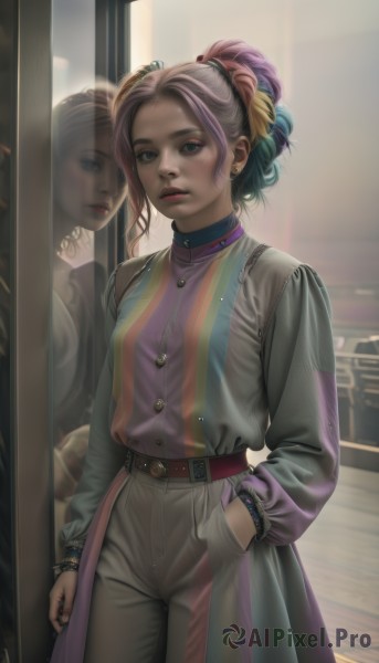 1girl,solo,breasts,looking at viewer,blue eyes,shirt,hair ornament,long sleeves,jewelry,closed mouth,blue hair,standing,ponytail,pink hair,purple hair,multicolored hair,cowboy shot,small breasts,parted lips,striped,belt,pants,artist name,indoors,signature,necklace,bracelet,two-tone hair,lips,coat,window,makeup,buttons,ring,multicolored clothes,buckle,eyeshadow,reflection,hand in pocket,belt buckle,mirror,realistic,white pants,nose,grey pants,mascara,high-waist pants,rainbow hair,short hair,earrings,choker,nail polish,turtleneck,piercing,lipstick,ear piercing,forehead,purple shirt