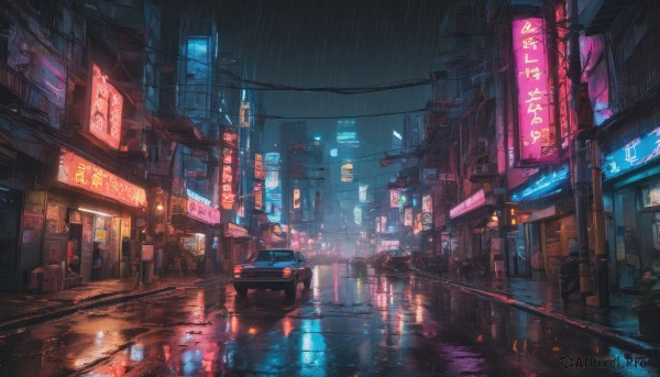 A motor vehicle in a serene rainy outdoors
