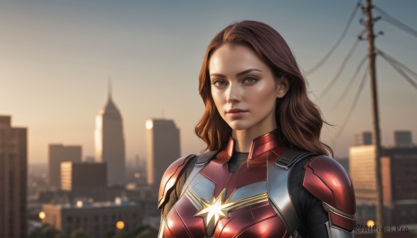 1girl,solo,long hair,looking at viewer,brown hair,brown eyes,upper body,outdoors,parted lips,sky,armor,blurry,lips,bodysuit,blurry background,building,science fiction,city,realistic,animification,power lines,superhero,red bodysuit,power armor,sunset,cityscape