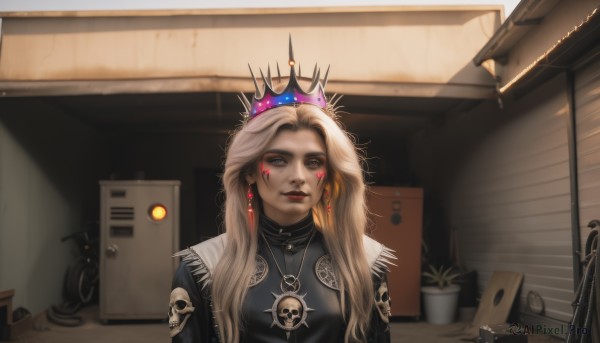 1girl,solo,long hair,looking at viewer,blonde hair,brown eyes,jewelry,closed mouth,jacket,upper body,earrings,indoors,necklace,lips,black jacket,makeup,facial mark,crown,plant,lipstick,skull,realistic,nose,door,red lips,potted plant,leather,facial tattoo,leather jacket,skull print,parted lips,teeth,facepaint