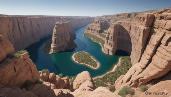 outdoors,sky,day,signature,water,tree,no humans,nature,scenery,rock,mountain,bridge,river,castle,waterfall,landscape,desert,cliff,cave,artist name,blue sky,fantasy,sand