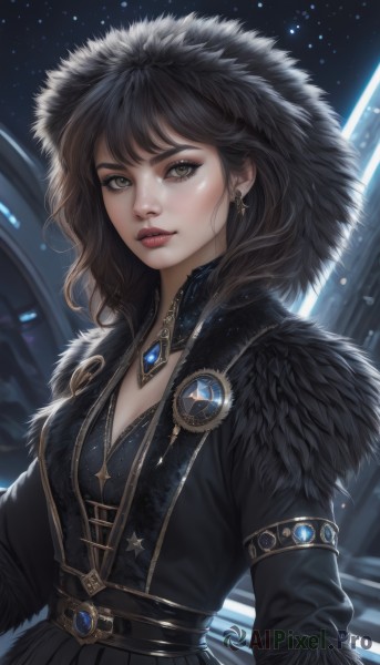 1girl,solo,long hair,breasts,looking at viewer,bangs,brown hair,black hair,long sleeves,dress,cleavage,brown eyes,jewelry,medium breasts,yellow eyes,upper body,earrings,small breasts,parted lips,sky,belt,artist name,hood,medium hair,necklace,black dress,lips,coat,fur trim,eyelashes,makeup,night,watermark,brooch,gem,star (sky),eyeshadow,hood up,starry sky,fur collar,nose,red lips,eyeliner,short hair,realistic